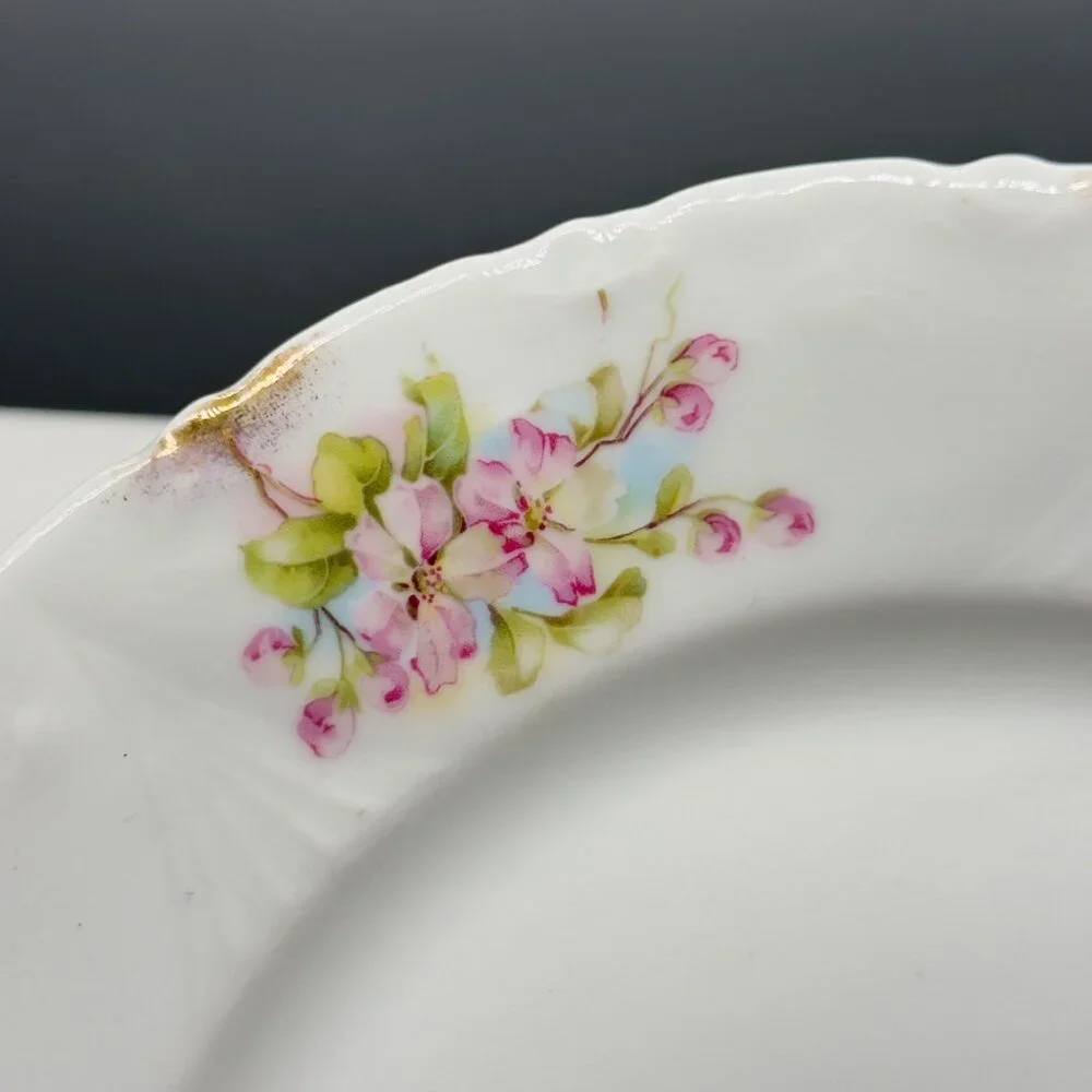 Vintage Porcelain Cake Plate Open Handles Pink White Roses Hand Painted Cottage